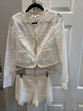 LoveShackFancy Cream Lace Cropped Blazer & Shorts Set